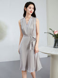 Womens Sleeveless Silk Midi Dress V Neck Silk Wrap Dress with Waist Tie Gray XS