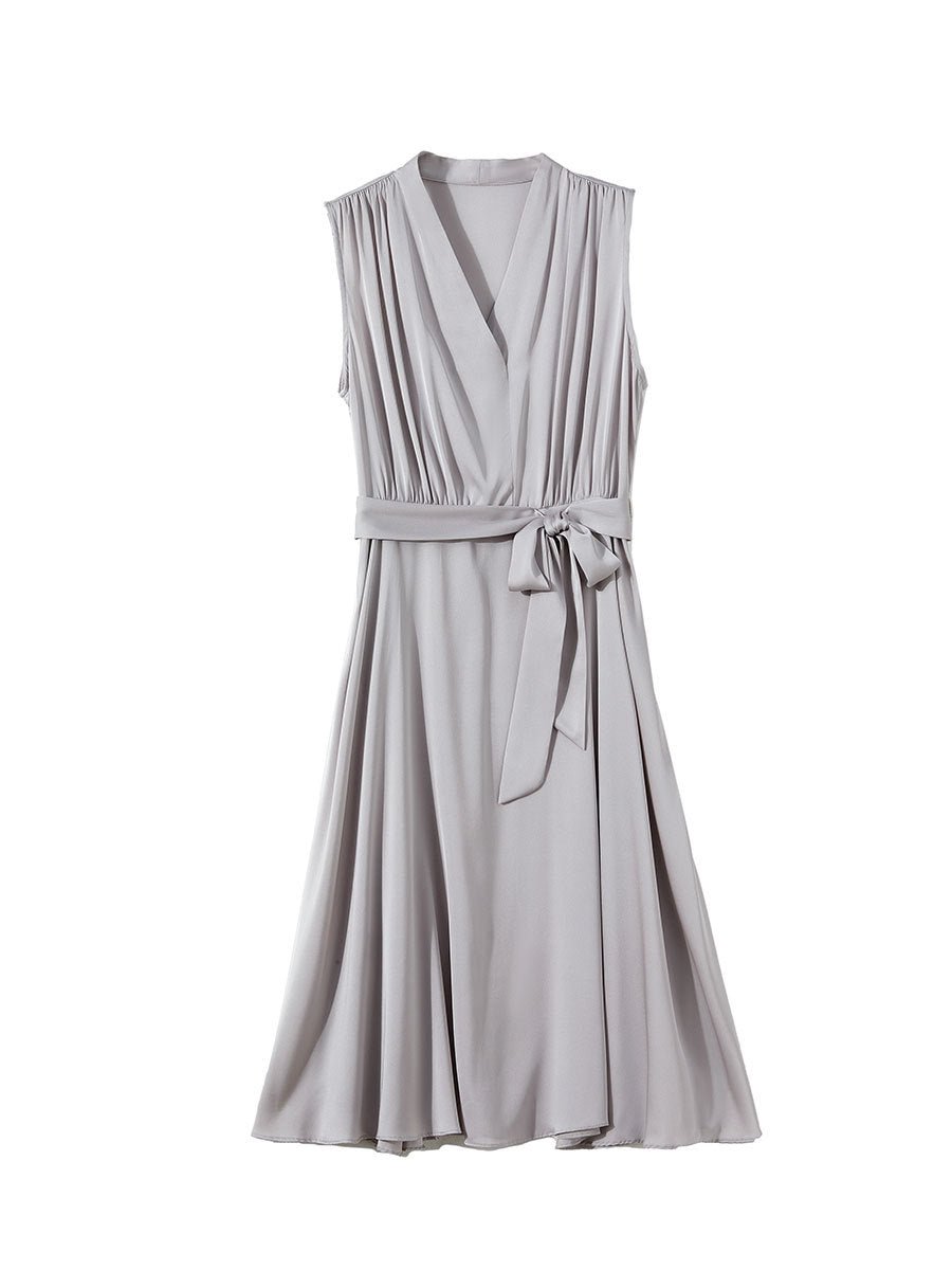 Womens Sleeveless Silk Midi Dress V Neck Silk Wrap Dress with Waist Tie Gray XS