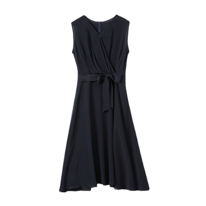 Womens Sleeveless Silk Wrap Midi Dress Flowing Hem Silk Dress