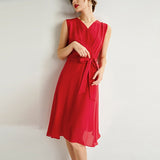 Womens Sleeveless Silk Wrap Midi Dress Flowing Hem Silk Dress