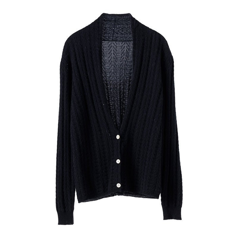 Womens V - Neck Cable Knit Cashmere Cardigan With Button Closure