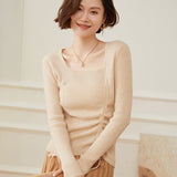 Womens Square Neck Cashmere Sweater Ruched Knit Cashmere Pullover Beige XS