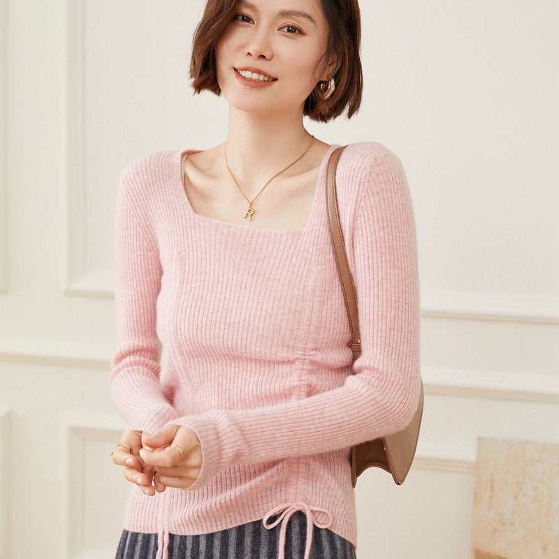 Womens Square Neck Cashmere Sweater Ruched Knit Cashmere Pullover Pink XS