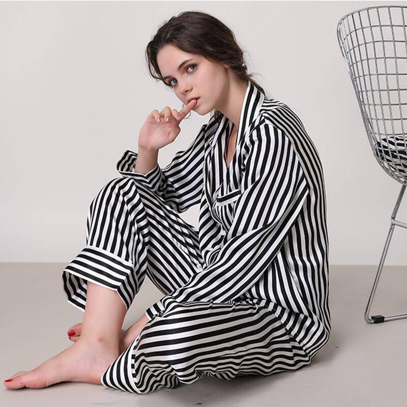 Women's Striped Silk Pajama Set 100% Stripe Silk Pjs