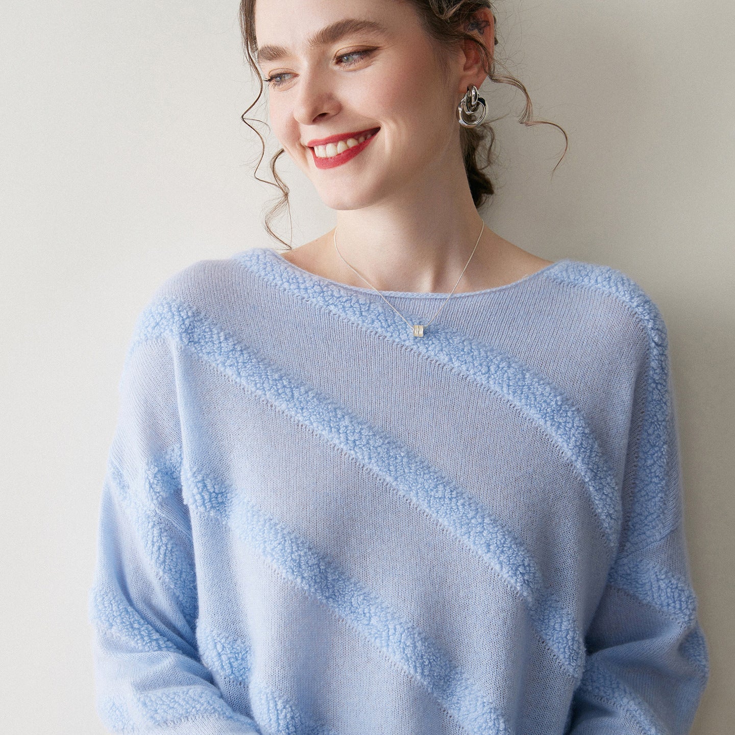 Womens Textured Cashmere Knit Sweater Crew Neck Long Sleeve Cashmere Pullover Blue XS
