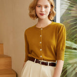 Womens Crew Neck Button - up Front Cashmere Cardigan With Half Sleeve