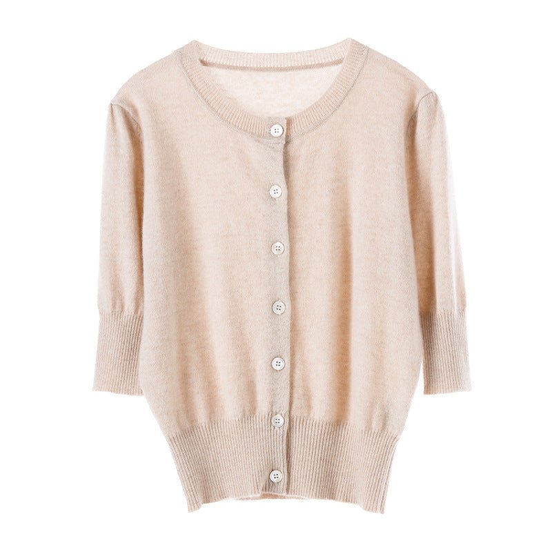 Womens Crew Neck Button - up Front Cashmere Cardigan With Half Sleeve