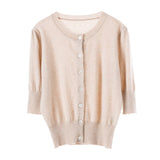 Womens Crew Neck Button - up Front Cashmere Cardigan With Half Sleeve
