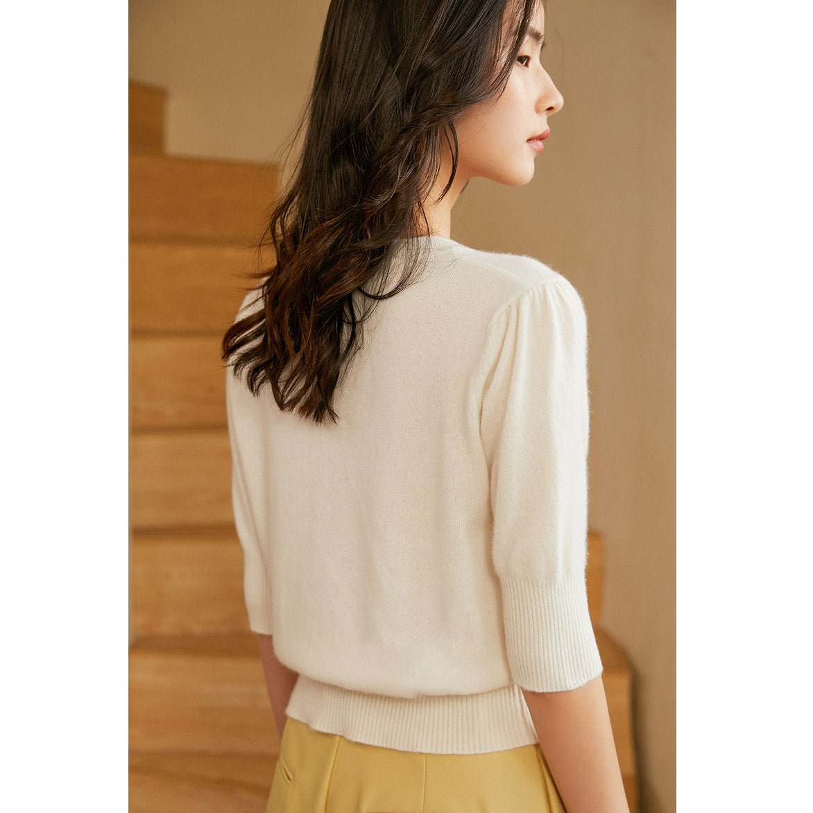 Womens Crew Neck Button - up Front Cashmere Cardigan With Half Sleeve