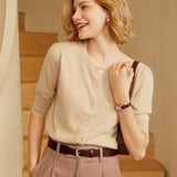 Womens Crew Neck Button - up Front Cashmere Cardigan With Half Sleeve