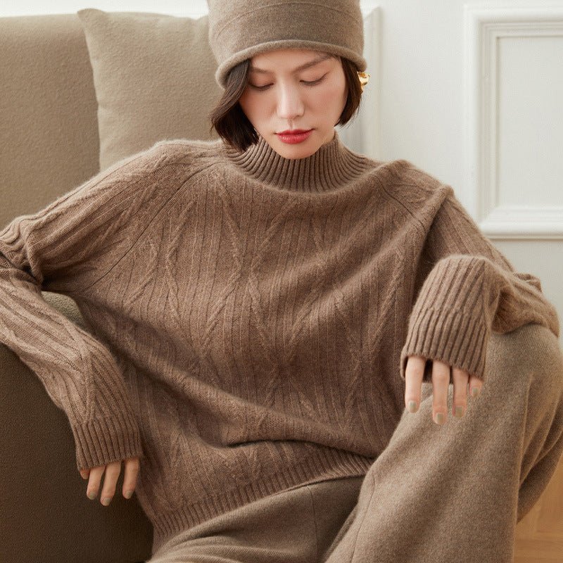 Womens Diamond Knit Turtleneck Long Sleeve Cashmere Sweater