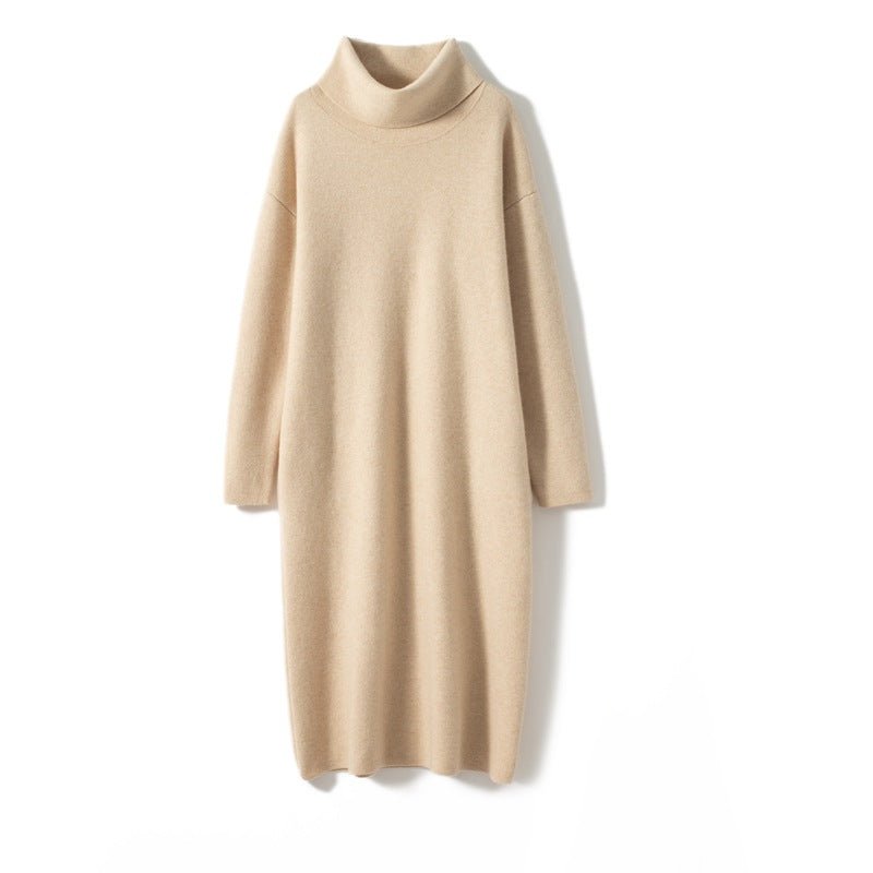 Womens Cashmere Knit Midi Dress Long Sleeve Cowl Neck Turtleneck Dress