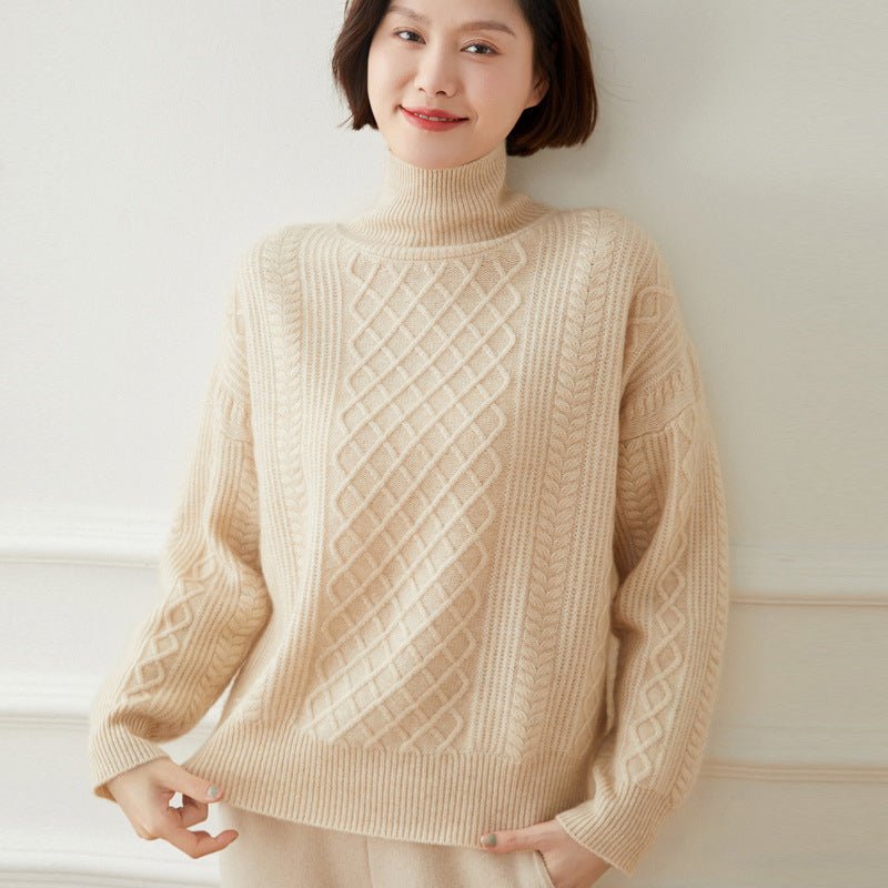 Womens Diamond Cable Knit Turtleneck Cashmere Sweater Cashmere Tops Beige XS