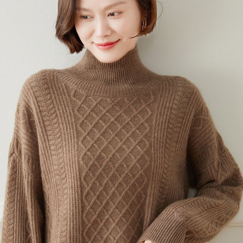 Womens Diamond Cable Knit Turtleneck Cashmere Sweater Cashmere Tops Taupe XS