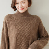 Womens Diamond Cable Knit Turtleneck Cashmere Sweater Cashmere Tops Taupe XS