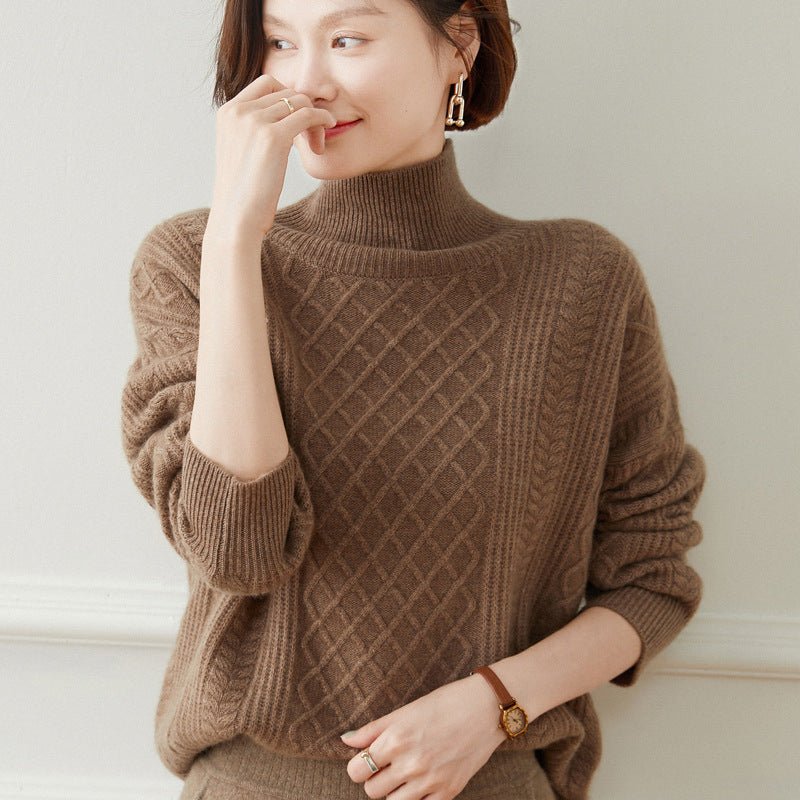 Womens Diamond Cable Knit Turtleneck Cashmere Sweater Cashmere Tops Taupe XS