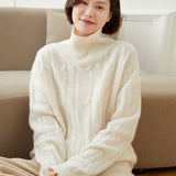 Womens Cable Knit Mock Neck Long Sleeve Cashmere Sweater