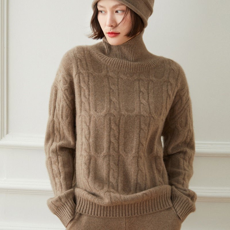 Womens Cable Knit Mock Neck Long Sleeve Cashmere Sweater