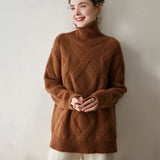 Womens Turtleneck Cashmere Sweater Diamond Cable Knit Cashmere Pullover Coffee XS