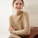 Womens Turtleneck Cashmere Sweater Textured Cashmere Knit Pullover Multi Colors Camel XS