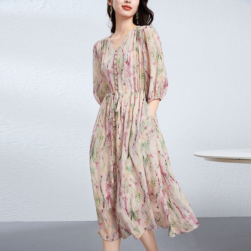 Womens V Neck Silk Floral Dress Half Sleeve Silk Midi Dress