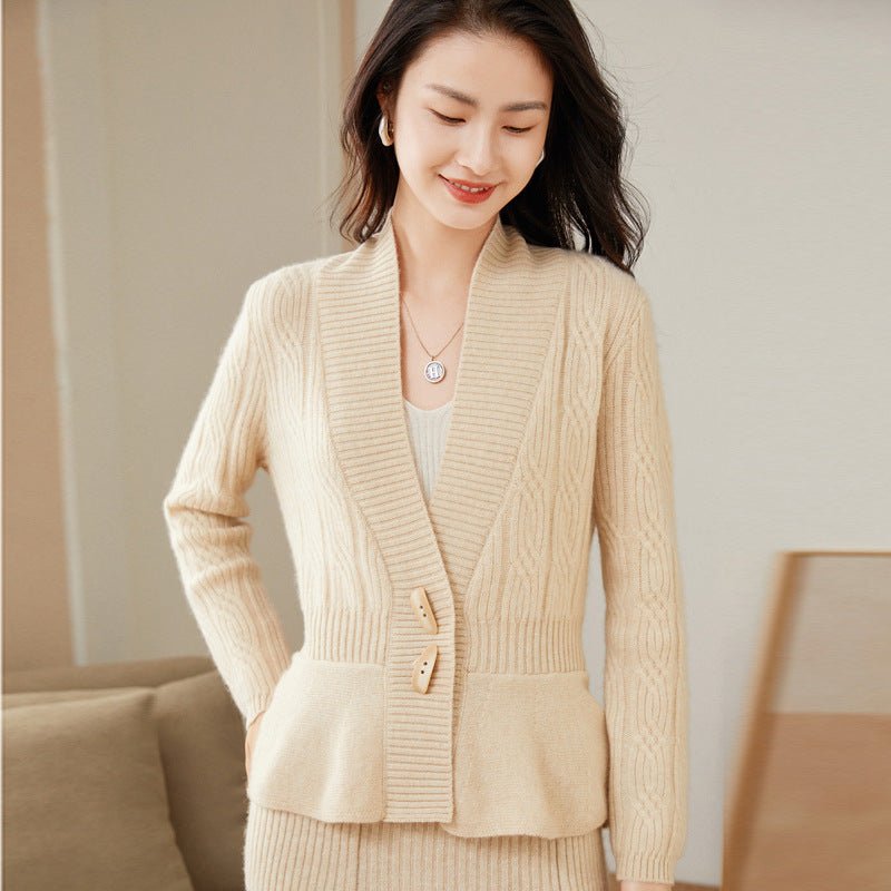 Womens Shawl - Collar Cable Knit Cashmere Cardigan V - Neck Button Coat
