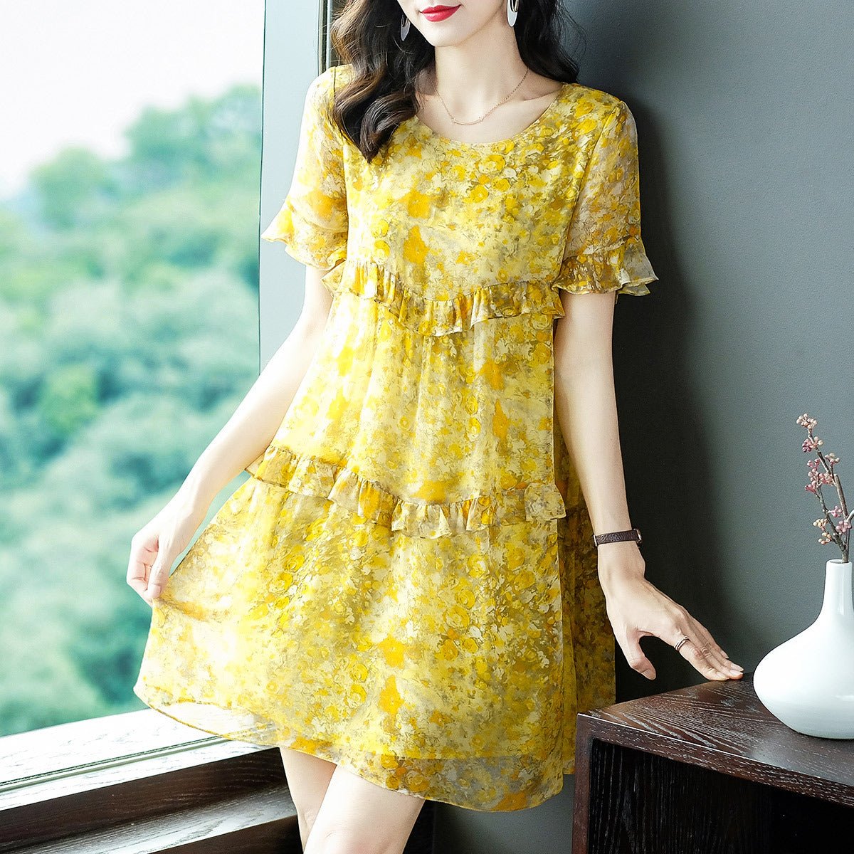 Womens Yellow Ruffled Silk Dress Watercolor Floral Short Silk Dress