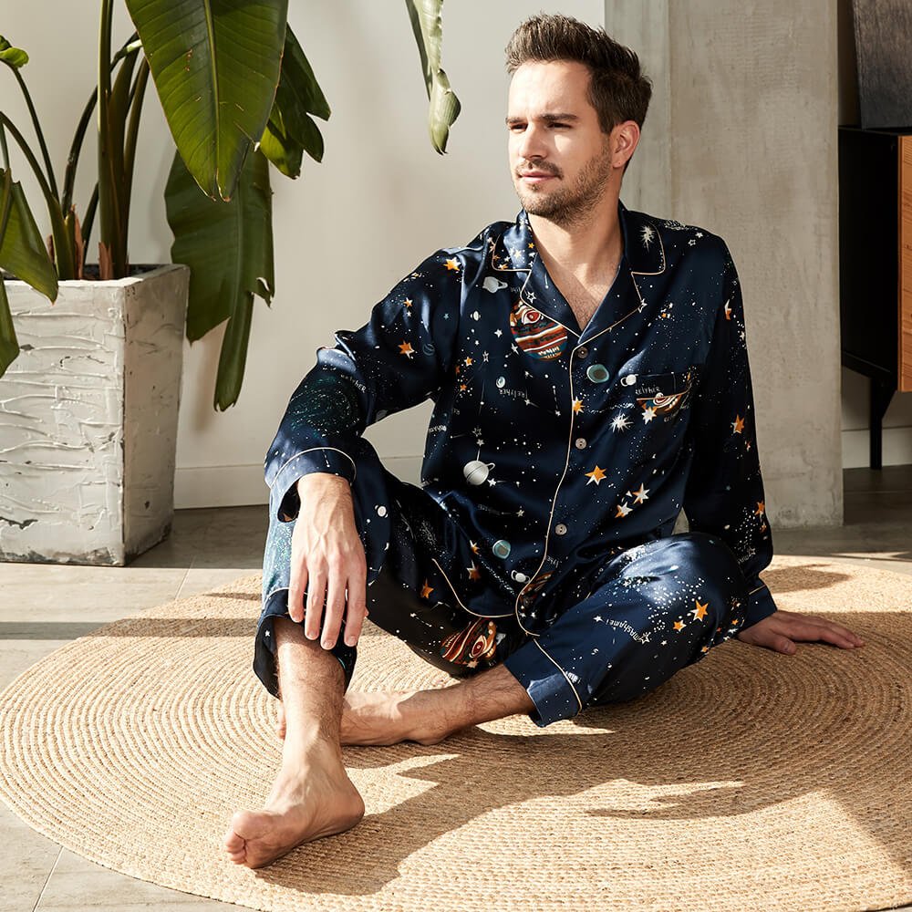 Men's Luxury Silk Pajamas Set for Men Long Sleeve Print Silk Sleepwear