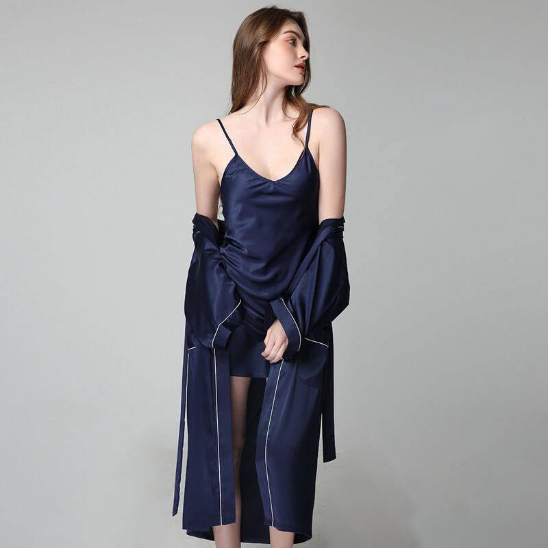 Nightgowns for Women Long Sleeveless Night Gowns Satin Silk Chemise  Lingerie Slip Dress Sexy Nightwear Sleep Shirt (Color : Navy, Size : L)