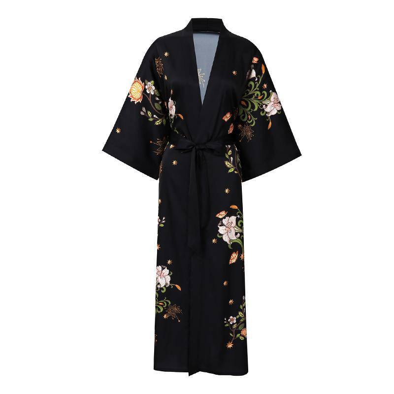Long Silk Kimono Robe Luxury Black Cherry Blossom Prints with Belt All