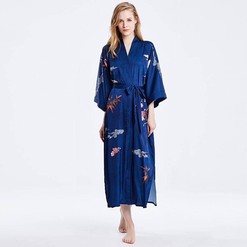 Long 100% Silk Kimono Robe Dark Blue Floral Printed Women High Waist E