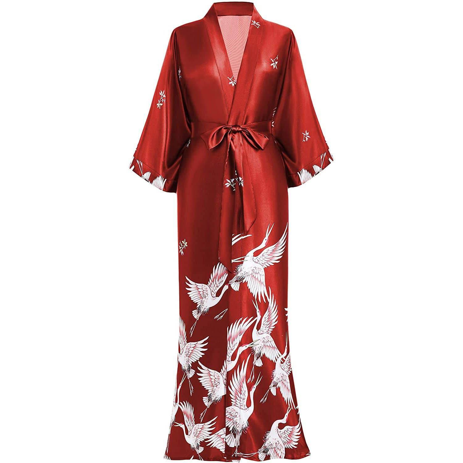 100% Silk Long Kimono Robe with Belt Women's Nighties Crane Prints