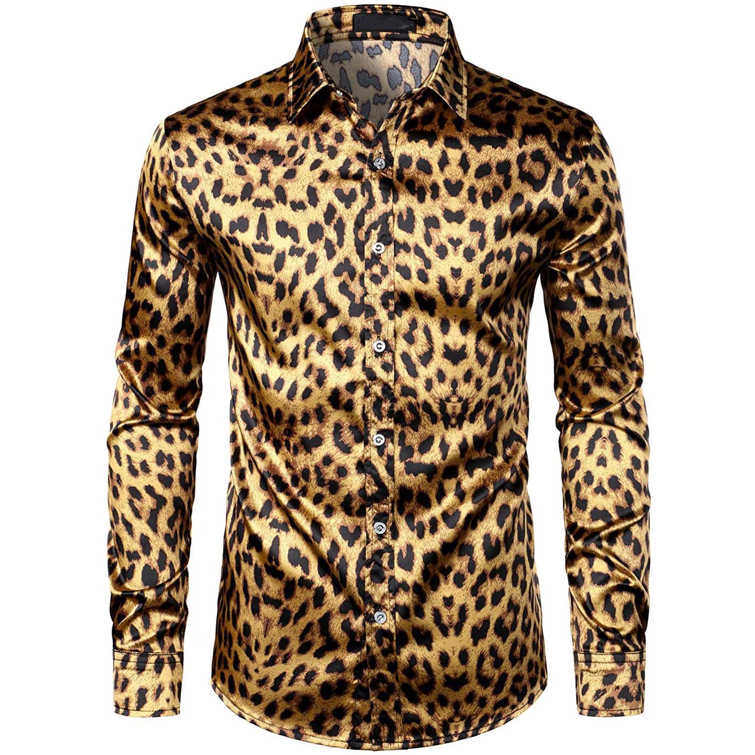 slipintosoft Men's Silk Dress Shirt Luxury Leopard Printed Long Sleeve Silk Shirts, XXL / Gold