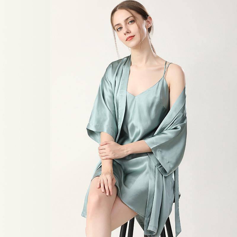 16 Momme Silk Nightgown Robe Set with Flower Trimming [FS098