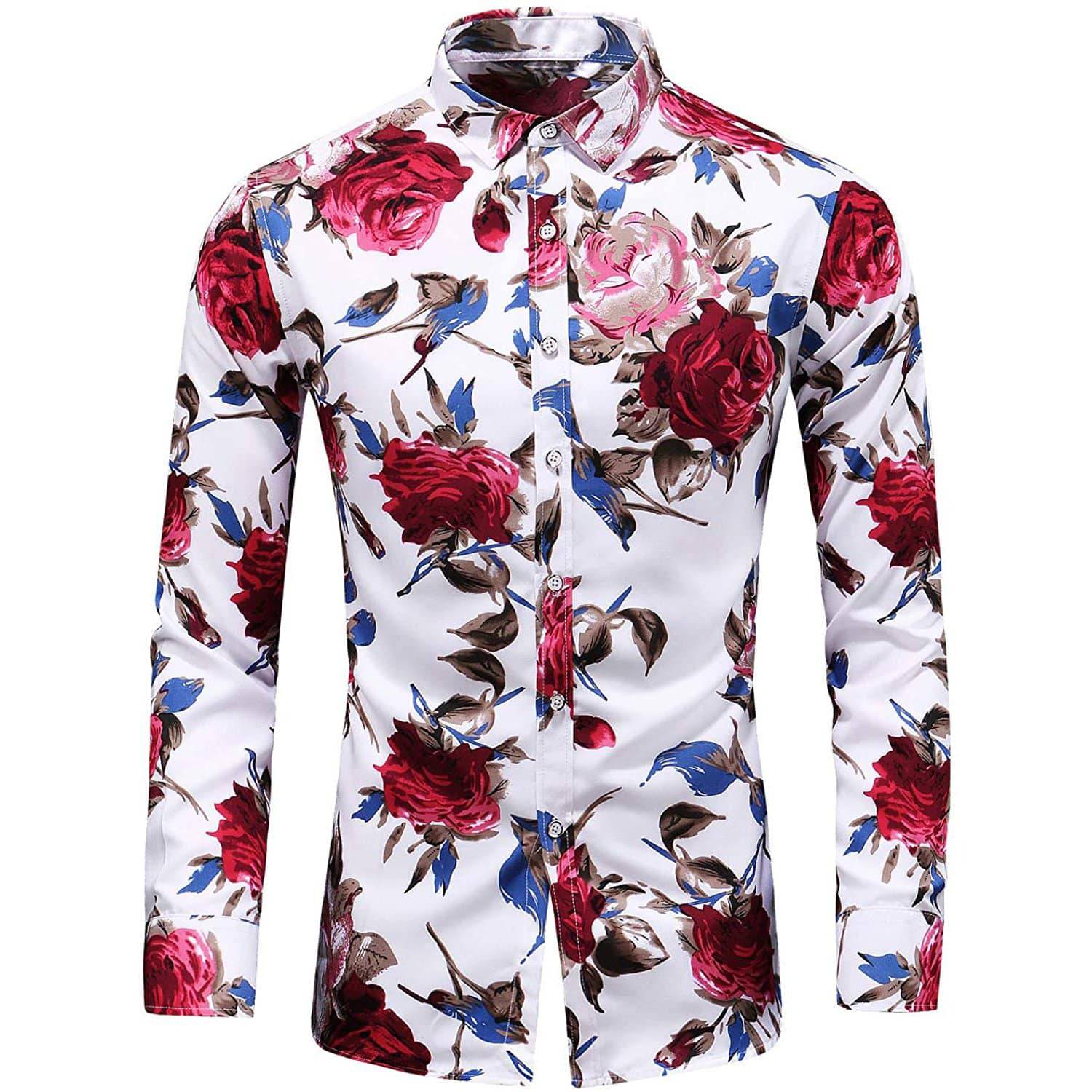 Men's Long Sleeve Flower Printed Silk Shirts Button Down Flower Silk D