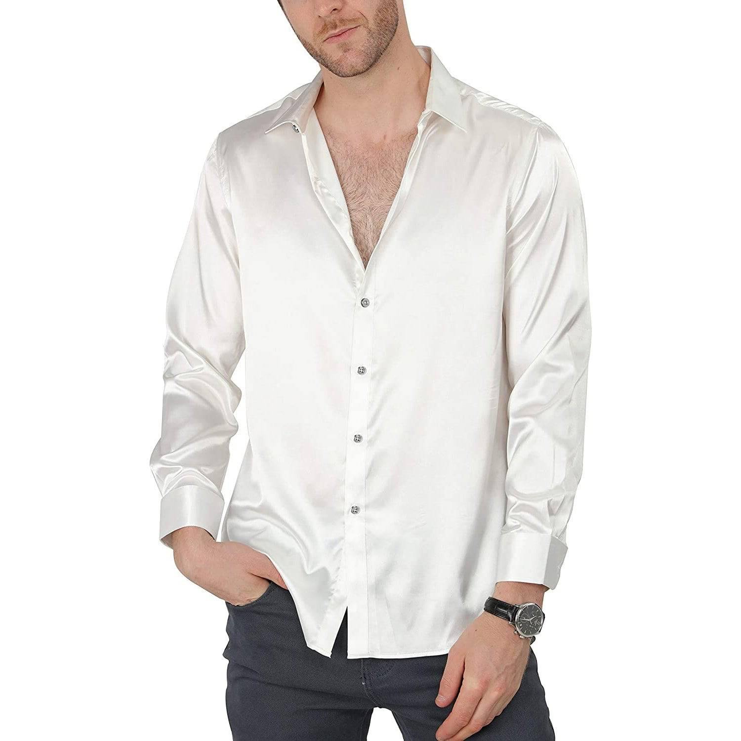 Men's Shiny Satin Silk Long Sleeve Dress Shirt Button Down Casual Wedding  Party 