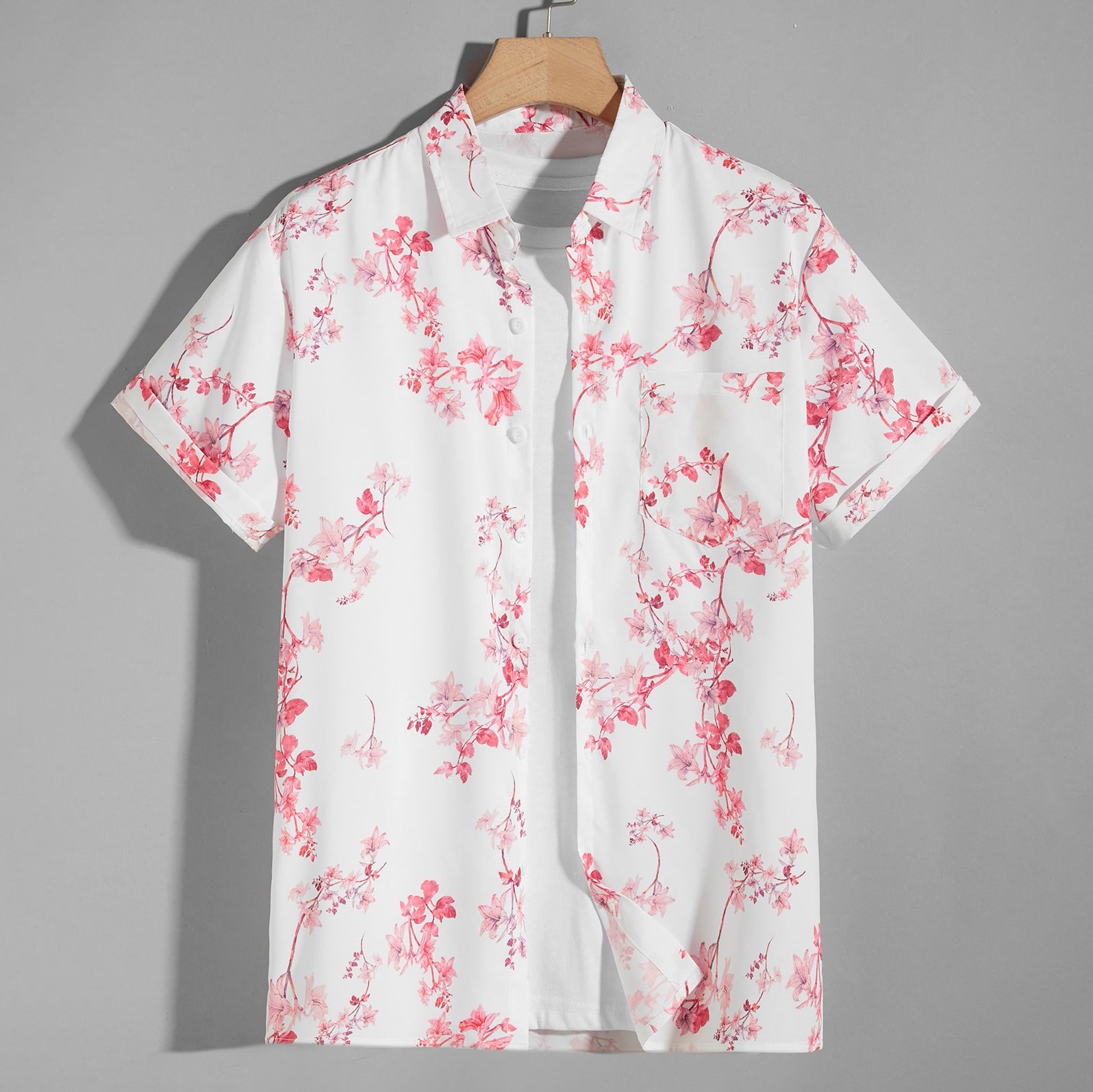 slipintosoft Men's Silk T Shirt Floral Print Shirt Flower Silk Short Dress Shirt S / White