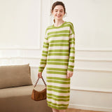 Women's Classic Striped Cashmere Dresses Crewneck Colorful Cashmere Dress - slipintosoft