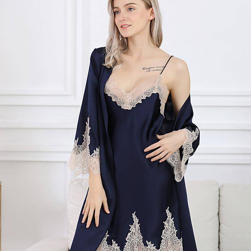 Pure Silk Elegant Lace Cuffs Nightgown&Robe Set 2Pcs