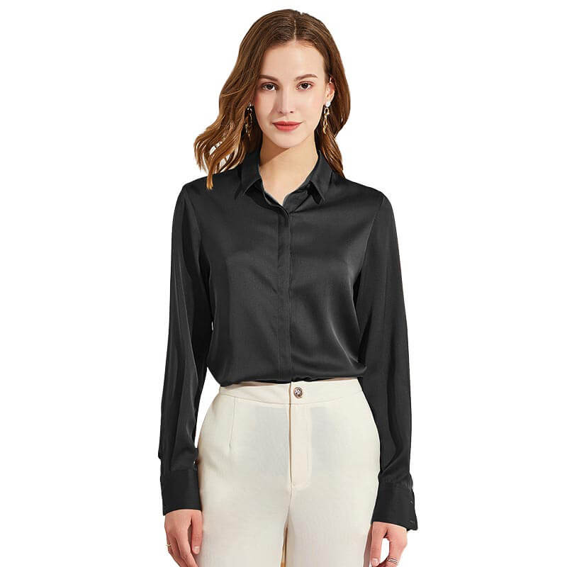 slipintosoft Women's Silk Blouse Long Sleeve Lady Silk Shirt Casual Office Work Blouse Silk Shirt Tops, Black / S