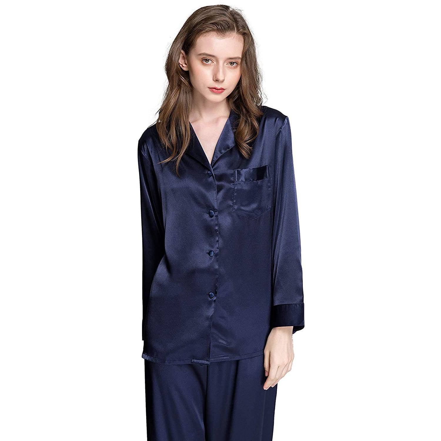 Womens Silk Pajama set Long Sleeve Button Down Silk Sleepwear Full Len