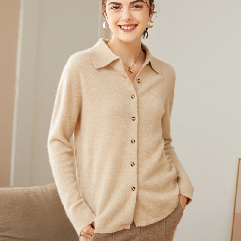 Women's Solid Color 100% Cashmere Button-Down Polo-Neck Cardigan