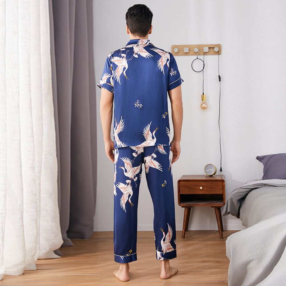 Men‘s Silk Pajama Set Button Down Short Sleeve Print Silk Sleepwear with Long Pants