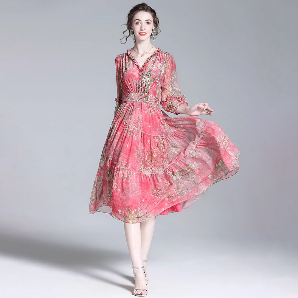 Rose Red Floral Silk Midi Dress with Ruffled V-Neck Women Silk Dresses