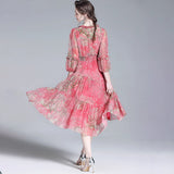 Rose Red Floral Silk Midi Dress with Ruffled V-Neck Women Silk Dresses