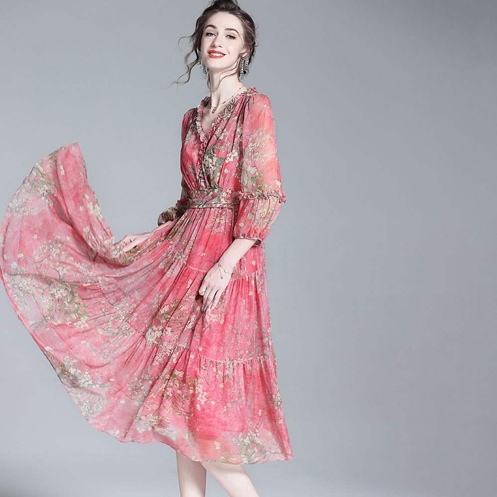 Rose Red Floral Silk Midi Dress with Ruffled V-Neck Women Silk Dresses