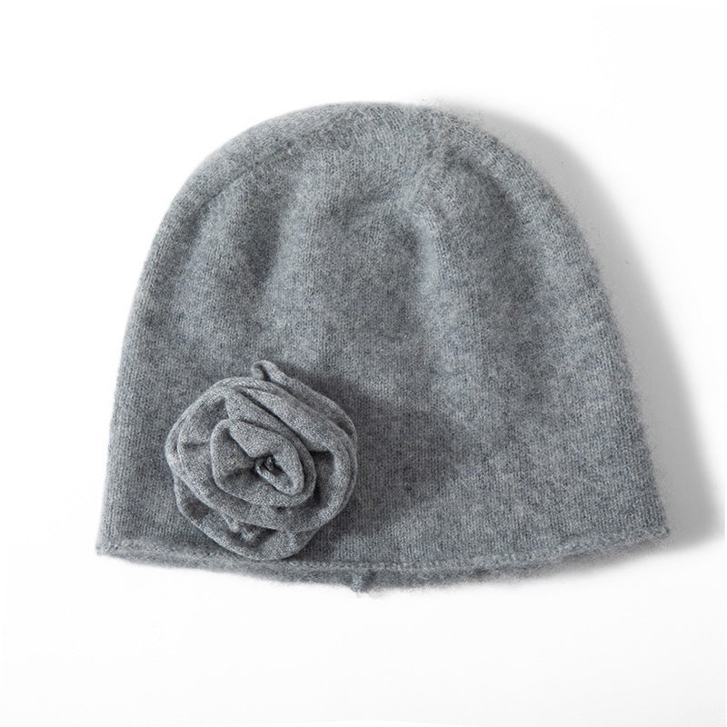 100% Cashmere Beanie with Handmade Crochet Flower for Women Elegant Cashmere Hats - slipintosoft