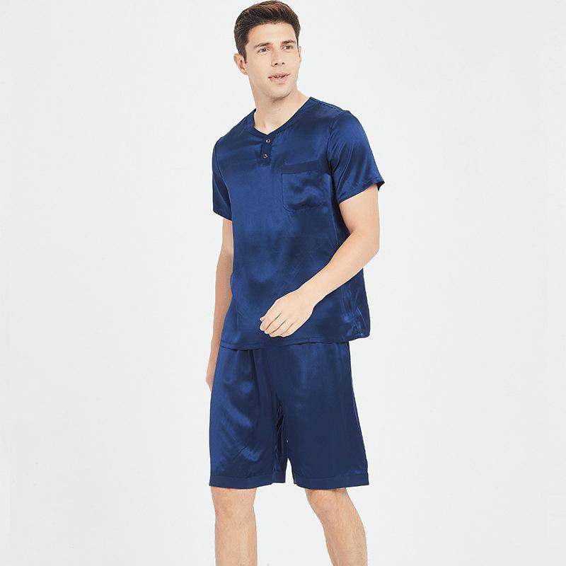 100% Mulberry Mens Short Silk Pajama Set Summer Silk Nightwear