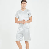 100% Mulberry Mens Short Silk Pajama Set Summer Silk Nightwear