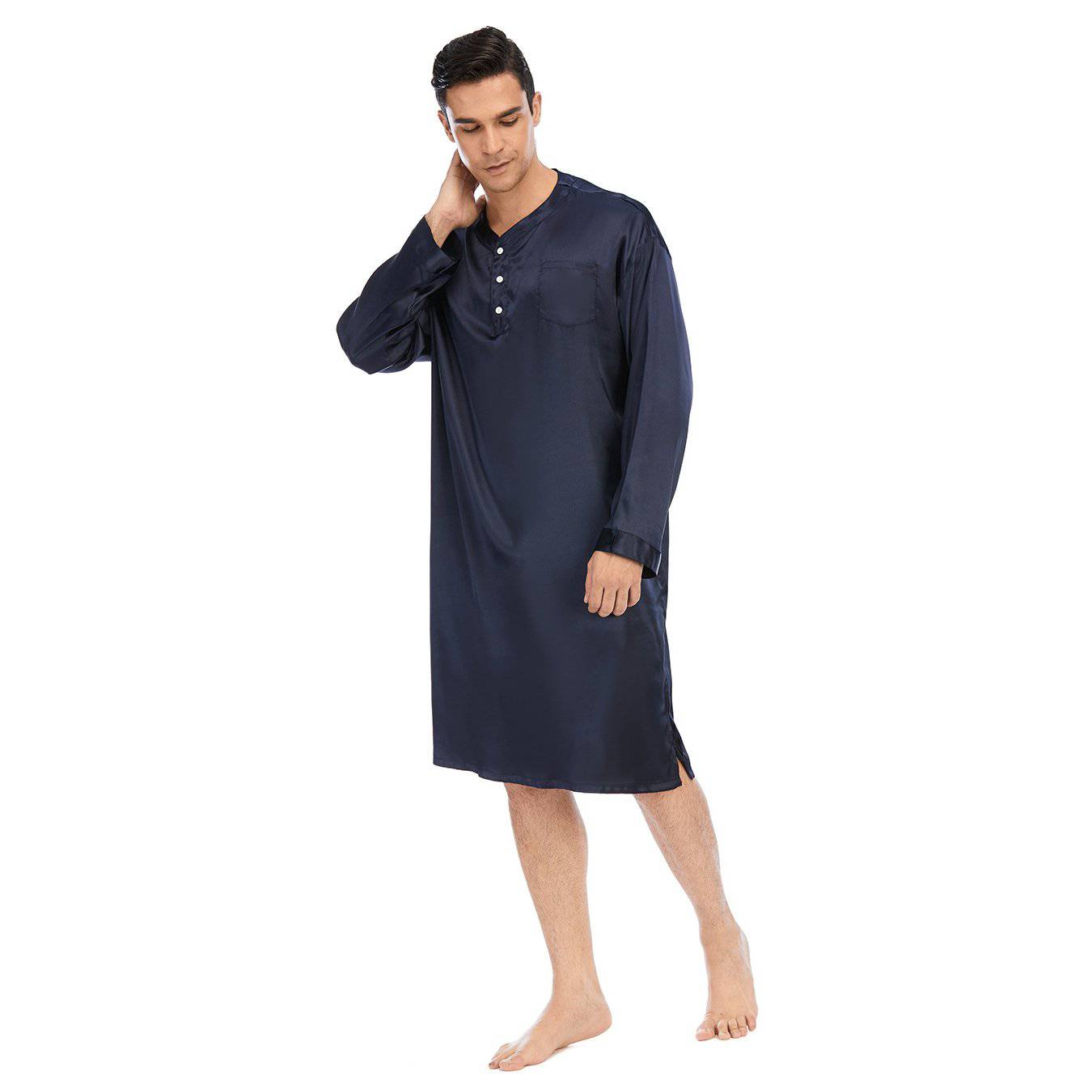 100% Mens Silk Nightshirt Pure Henley Neck Silk Nightwear